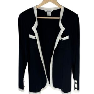 Exclusively Misook Blacjk/White Acrylic Button Cuff Open Cardigan Sz L
